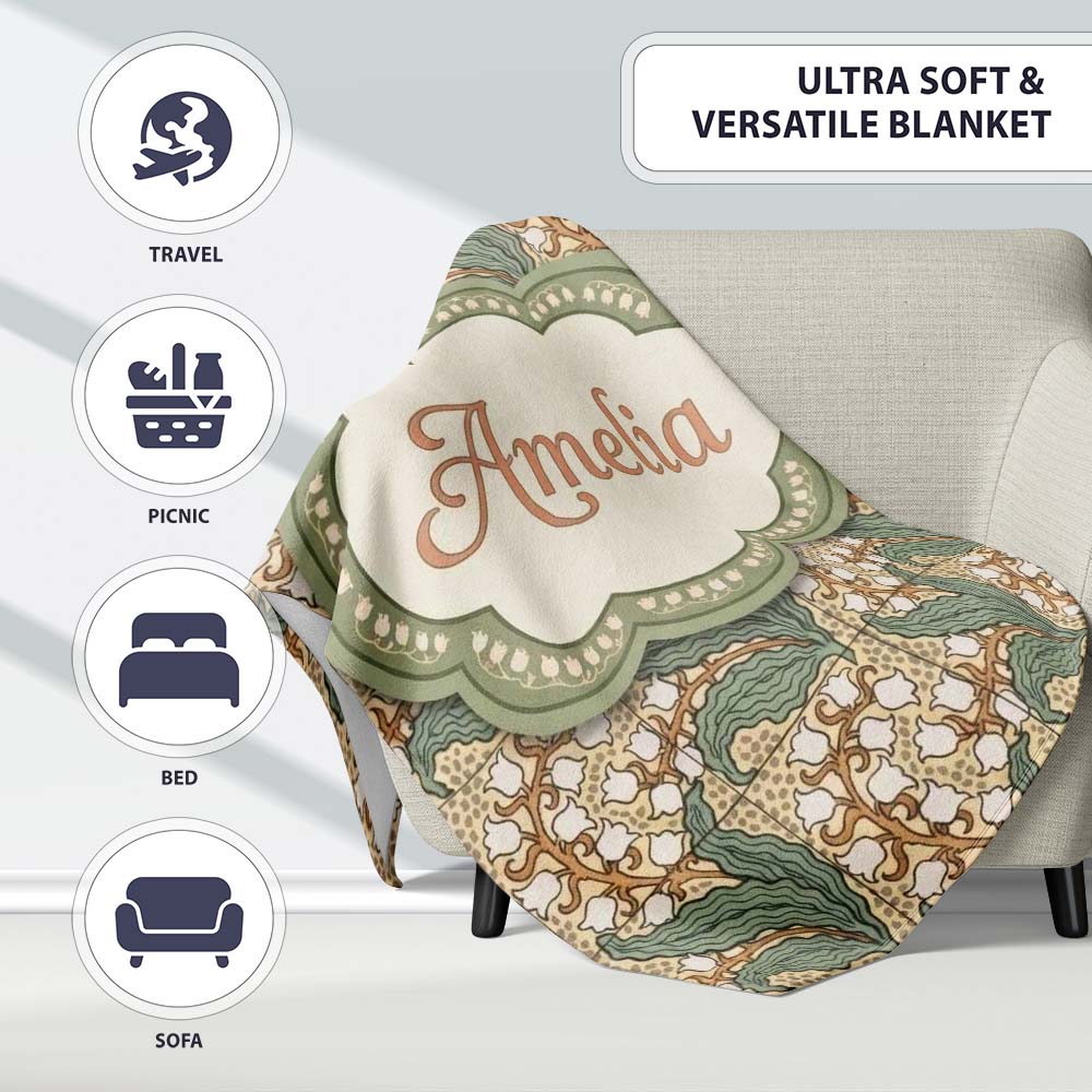 Vintage Lily Of The Valley Tile Seamless Pattern Name Cute Unique  Personalised Custom Name Super Soft Fleece Blanket Bed Sofa Throw