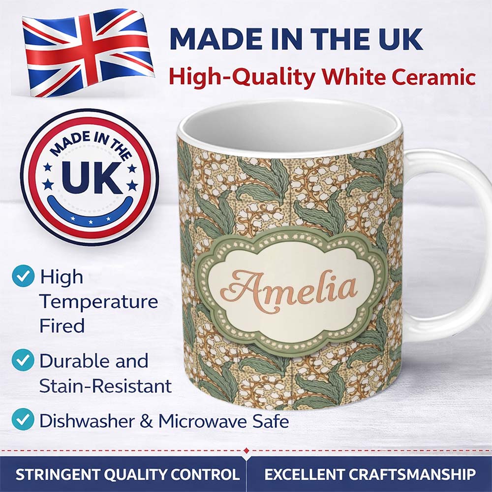 Personalized Custom Name Vintage Lily Of The Valley Tile Seamless Pattern Name Cute Unique 11oz Ceramic Coffee Tea Mug White Large Handle