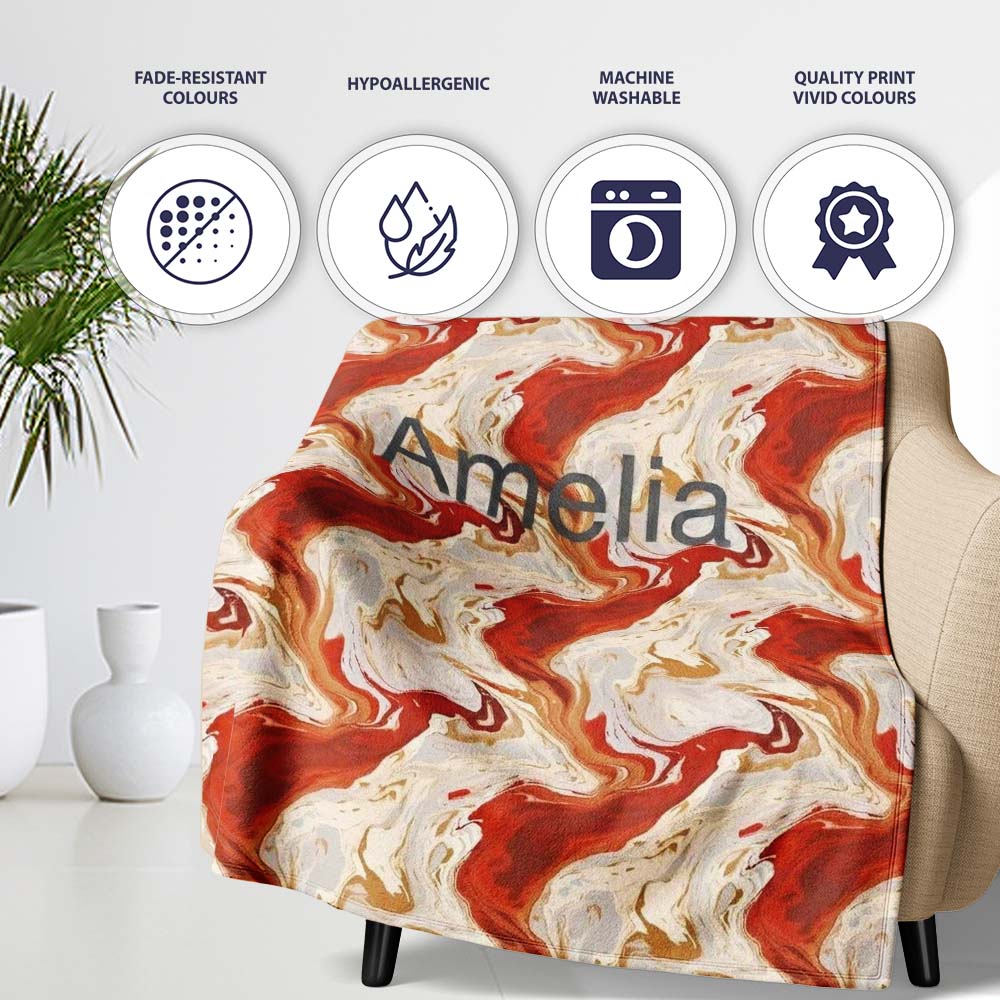 Abstract Marble Red Beige Swirl Seamless Pattern Name Cute Unique  Personalised Custom Name Super Soft Fleece Blanket Bed Sofa Throw