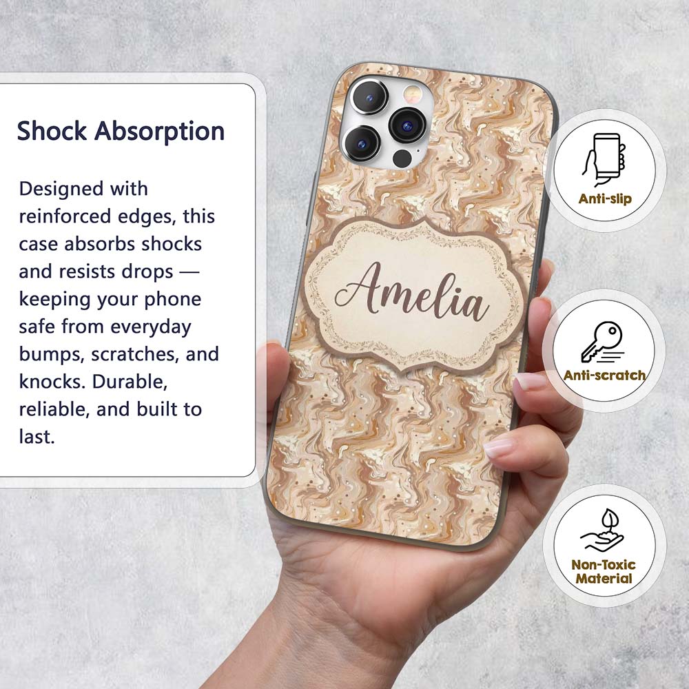 Soft Beige Marble Swirl Abstract Seamless Pattern Custom Name Protective Phone Case Mobile Cover Durable Everyday Smartphone Shock Resistant