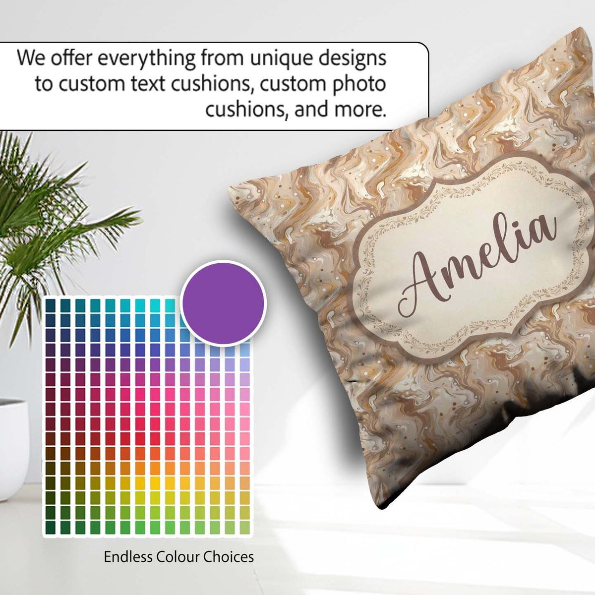 Custom Name Soft Beige Swirl Abstract Seamless Pattern Name Cute Square Filled Cushion Throw Pillow Sofa Bed Home Decor Zip Washable UK Made