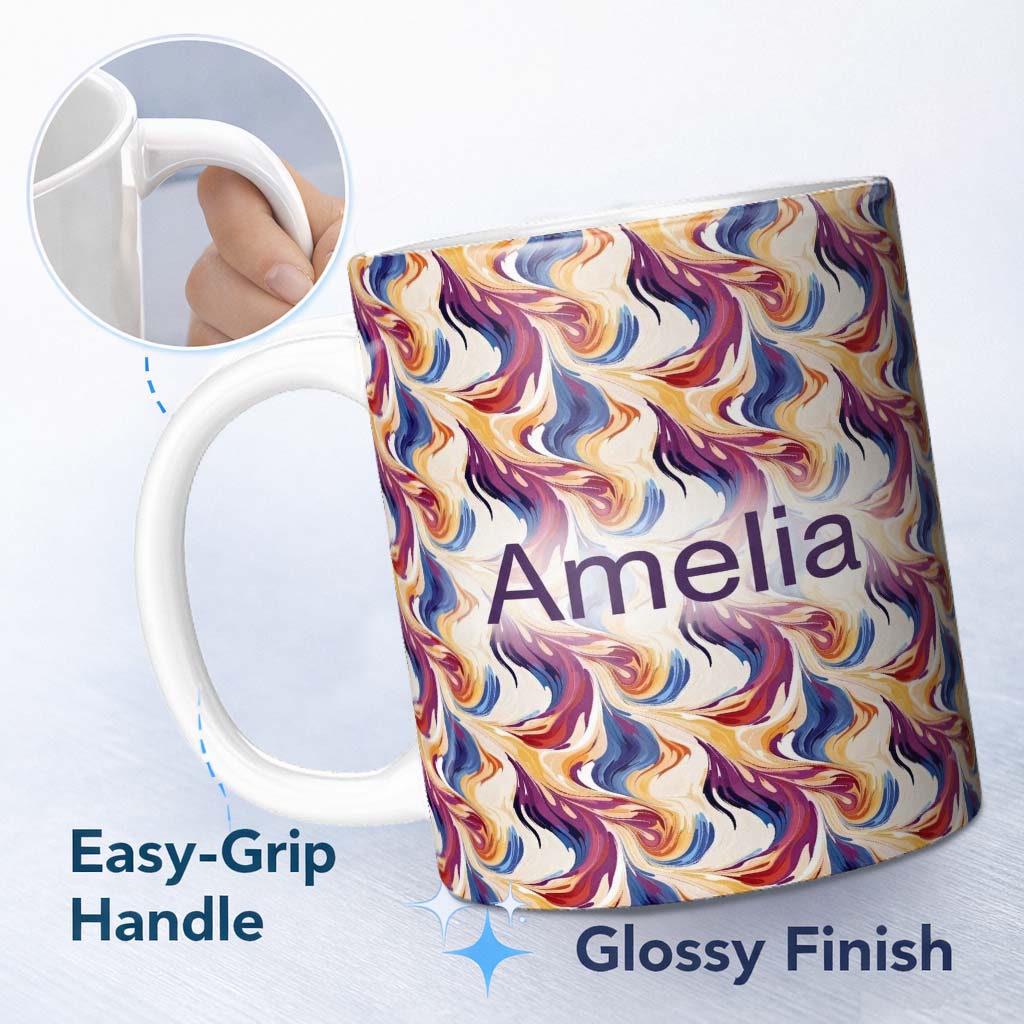 Personalized Custom Name Vibrant Multicolor Fluid Abstract Waves Seamless Pattern Name Cute 11oz Ceramic Coffee Tea Mug White Large Handle