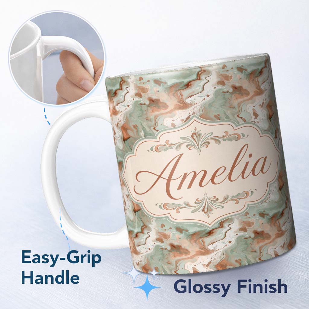 Personalized Custom Name Muted Green Brown Marble Fluid Seamless Pattern Name Cute Unique 11oz Ceramic Coffee Tea Mug White Large Handle