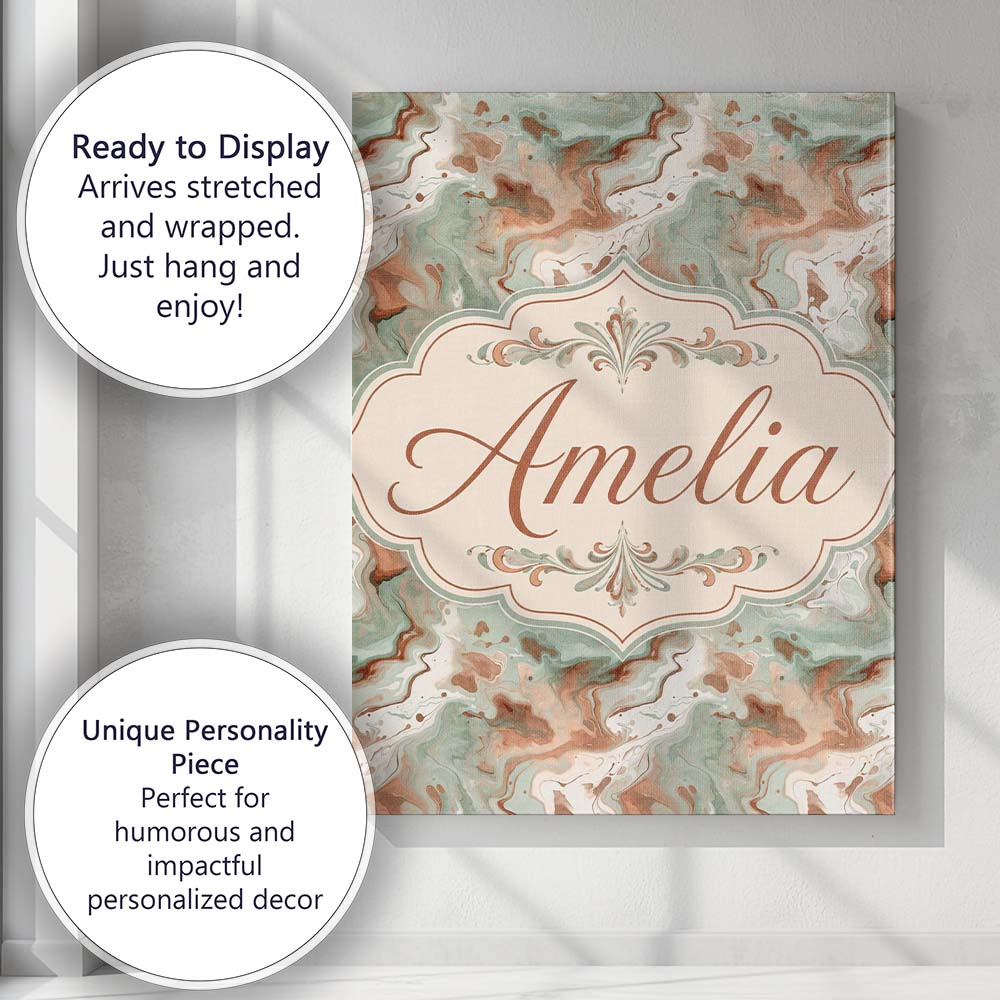 Personalised Name Muted Green Brown Marble Custom  Unique Gift Idea Elegant Feature Canvas Wall Art Print Decor Picture Ready to Hang