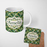 Personalized Custom Name Deep Green Gold Liquid Marble Seamless Pattern Name Cute Unique Gift 11oz Ceramic Coffee Tea Mug White Large Handle