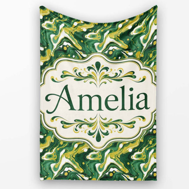 Deep Green Gold Liquid Marble Seamless Pattern Name Cute Unique Gift  Personalised Custom Name Super Soft Fleece Blanket Bed Sofa Throw