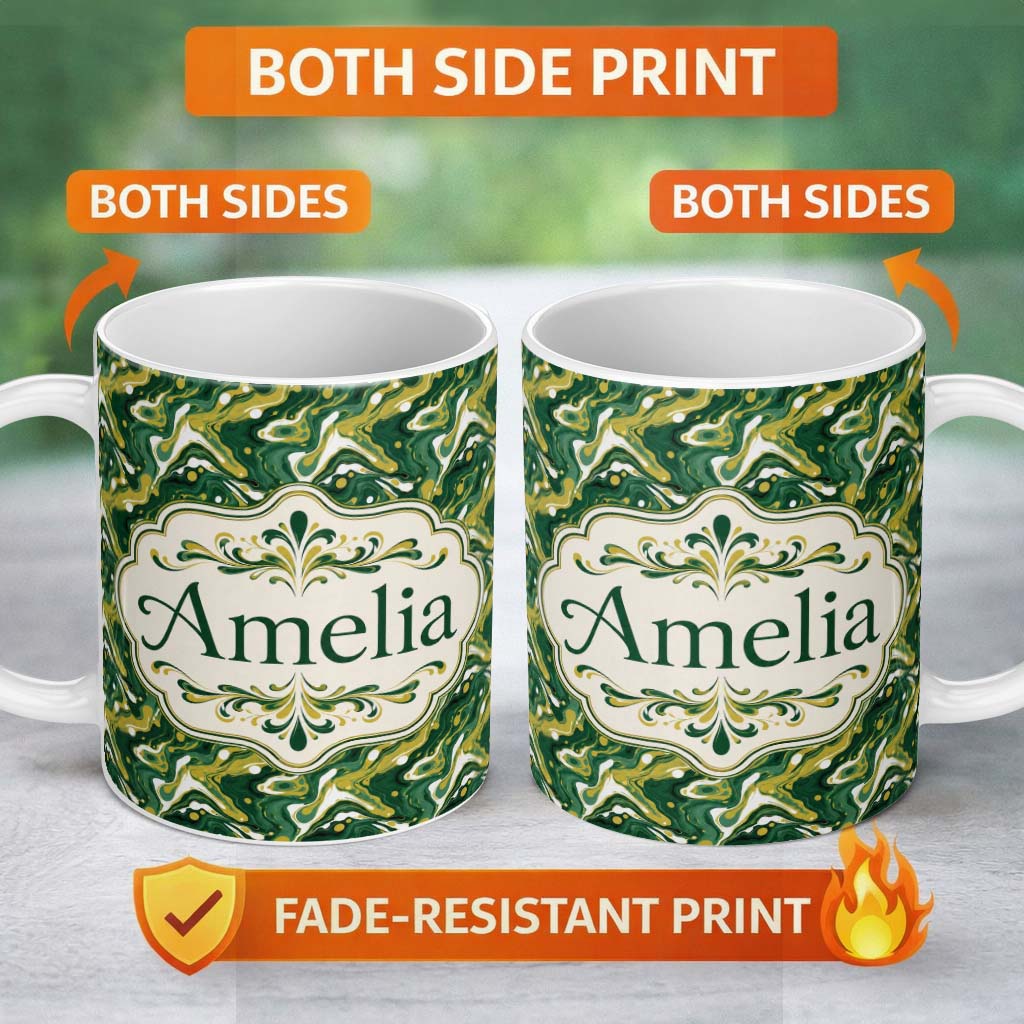 Personalized Custom Name Deep Green Gold Liquid Marble Seamless Pattern Name Cute Unique Gift 11oz Ceramic Coffee Tea Mug White Large Handle