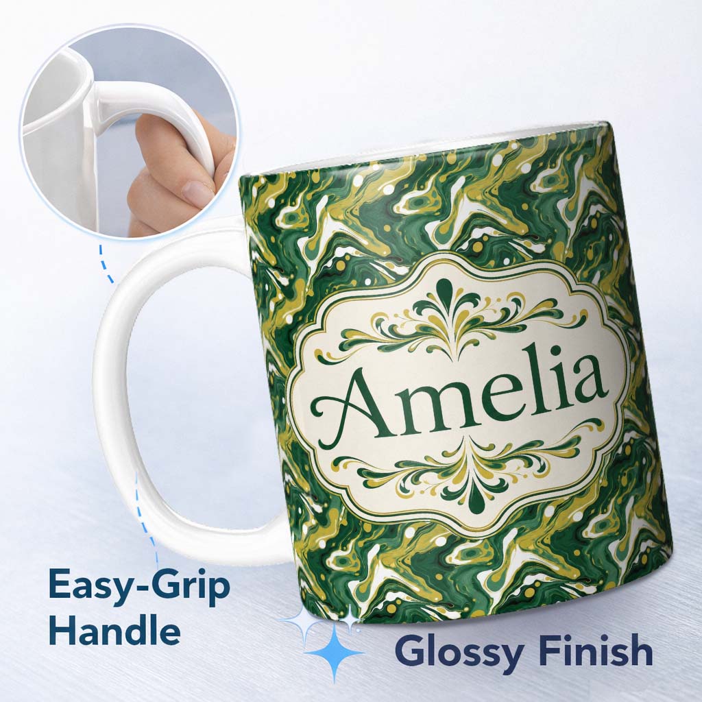 Personalized Custom Name Deep Green Gold Liquid Marble Seamless Pattern Name Cute Unique Gift 11oz Ceramic Coffee Tea Mug White Large Handle