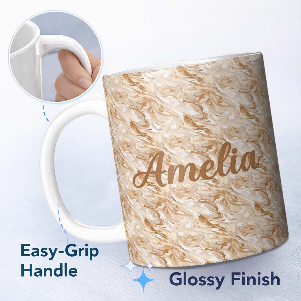 Personalized Custom Name Neutral Beige Cream Marble Swirl Seamless Pattern Name Cute Unique 11oz Ceramic Coffee Tea Mug White Large Handle