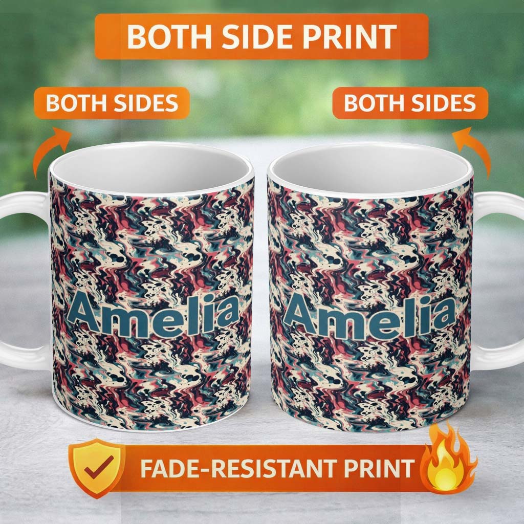 Personalized Custom Name Retro Dark Abstract Paint Swirl Seamless Pattern Name Cute Unique 11oz Ceramic Coffee Tea Mug White Large Handle