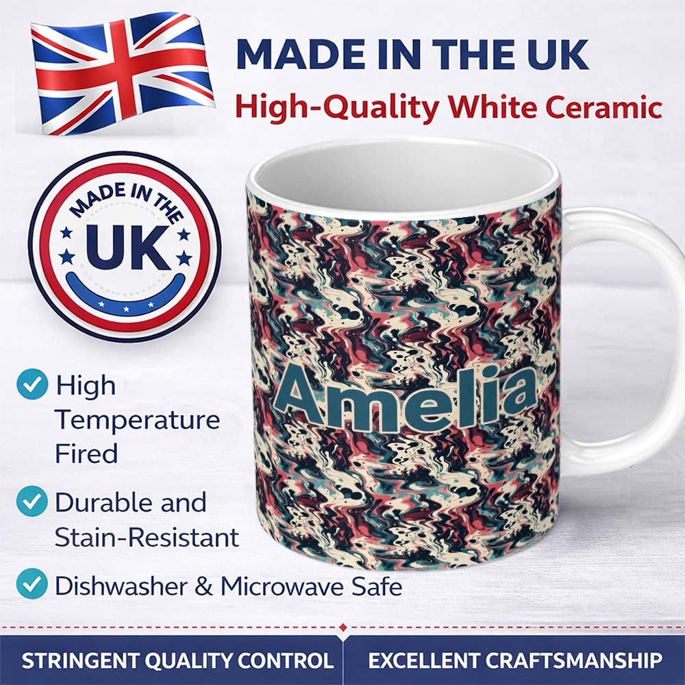 Personalized Custom Name Retro Dark Abstract Paint Swirl Seamless Pattern Name Cute Unique 11oz Ceramic Coffee Tea Mug White Large Handle