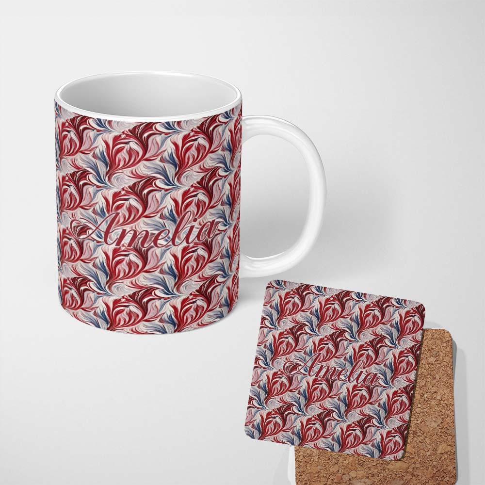 Personalized Custom Name Red White Blue Fluid Marble Seamless Pattern Name Cute Unique Gift 11oz Ceramic Coffee Tea Mug White Large Handle