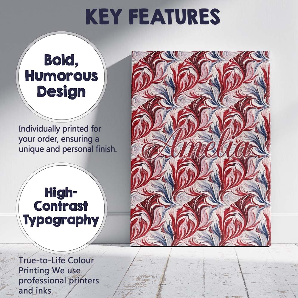 Personalised Name Red White Blue Fluid Custom  Modern Room Accent Elegant Feature Canvas Wall Art Print Decor Picture Ready to Hang