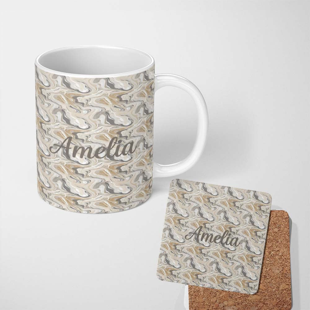 Personalized Custom Name Soft Grey Beige Marble Flow Seamless Pattern Name Cute Unique Gift 11oz Ceramic Coffee Tea Mug White Large Handle