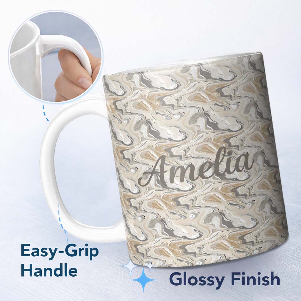 Personalized Custom Name Soft Grey Beige Marble Flow Seamless Pattern Name Cute Unique Gift 11oz Ceramic Coffee Tea Mug White Large Handle