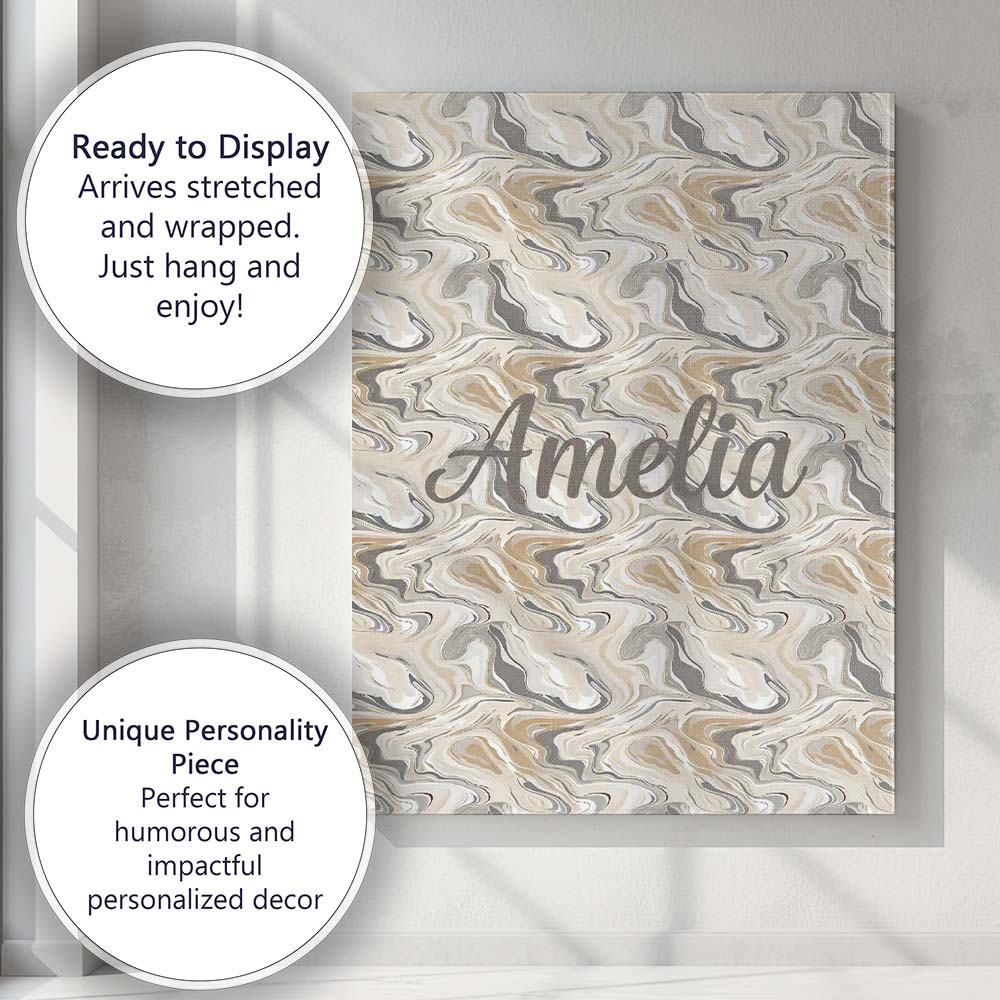 Personalised Name Soft Grey Beige Marble Custom  Unique Gift Idea Elegant Feature Canvas Wall Art Print Decor Picture Ready to Hang