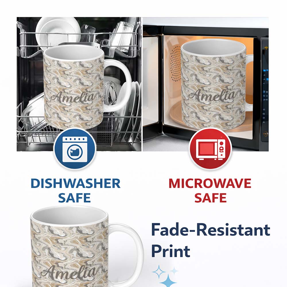 Personalized Custom Name Soft Grey Beige Marble Flow Seamless Pattern Name Cute Unique Gift 11oz Ceramic Coffee Tea Mug White Large Handle