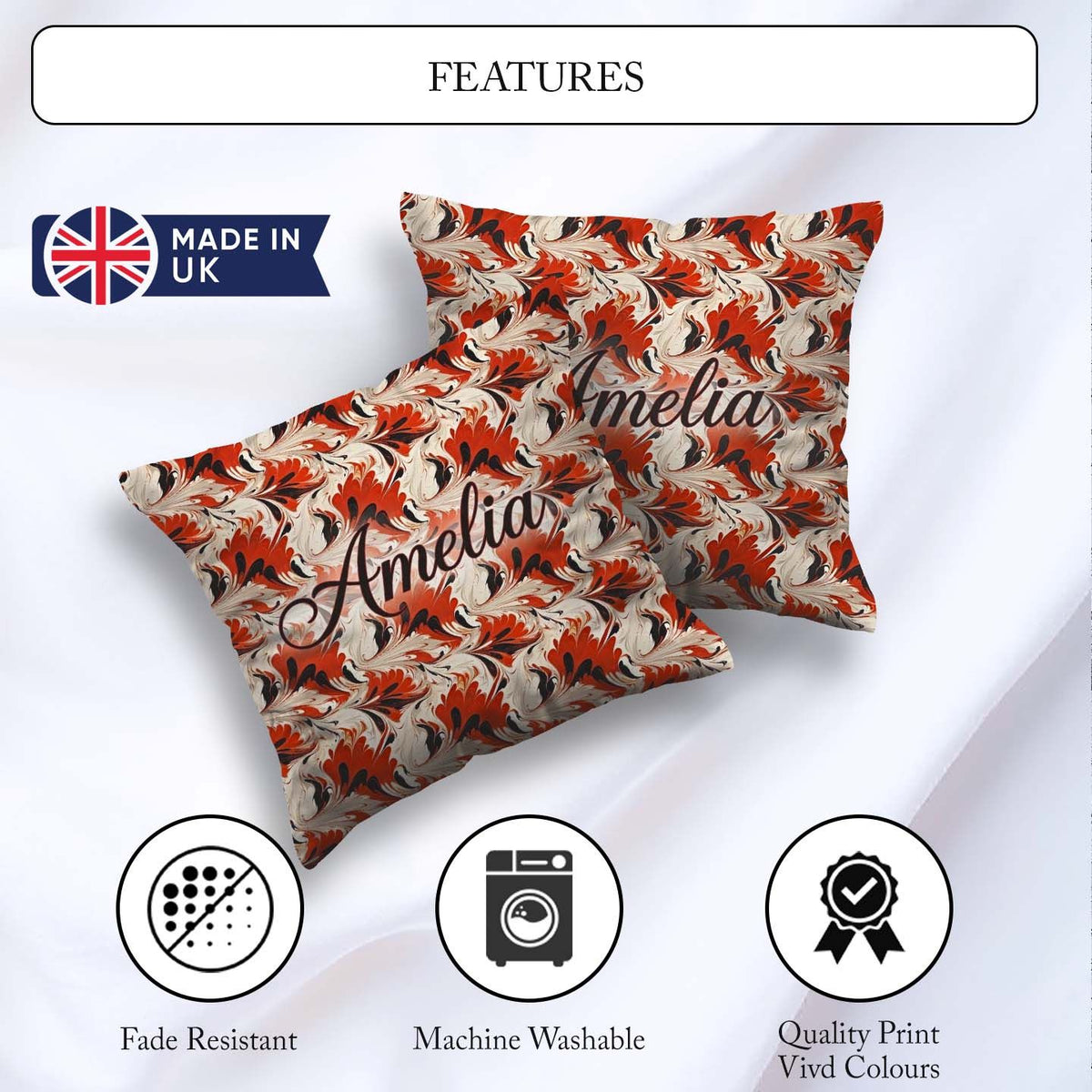 Custom Name Bold Red Black Cream Fluid Marble Seamless Name Cute Square Filled Cushion Throw Pillow Sofa Bed Home Decor Zip Washable UK Made