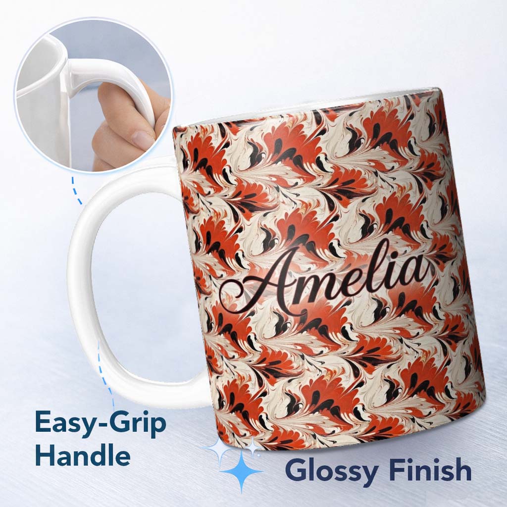Personalized Custom Name Bold Red Black Cream Fluid Marble Seamless Pattern Name Cute Unique 11oz Ceramic Coffee Tea Mug White Large Handle