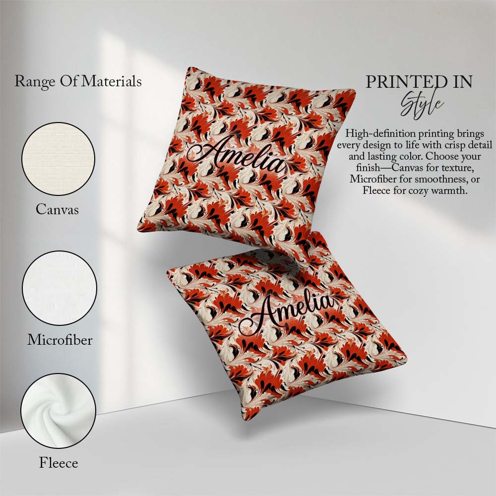 Custom Name Bold Red Black Cream Fluid Marble Seamless Name Cute Square Filled Cushion Throw Pillow Sofa Bed Home Decor Zip Washable UK Made