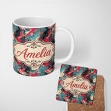 Personalized Custom Name Teal Coral Abstract Liquid Marble Seamless Pattern Name Cute Unique 11oz Ceramic Coffee Tea Mug White Large Handle