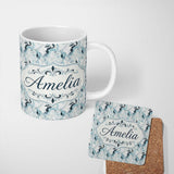 Personalized Custom Name Soft Blue Grey Ink Flow Marble Seamless Pattern Name Cute Unique 11oz Ceramic Coffee Tea Mug White Large Handle