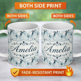 Personalized Custom Name Soft Blue Grey Ink Flow Marble Seamless Pattern Name Cute Unique 11oz Ceramic Coffee Tea Mug White Large Handle