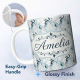 Personalized Custom Name Soft Blue Grey Ink Flow Marble Seamless Pattern Name Cute Unique 11oz Ceramic Coffee Tea Mug White Large Handle