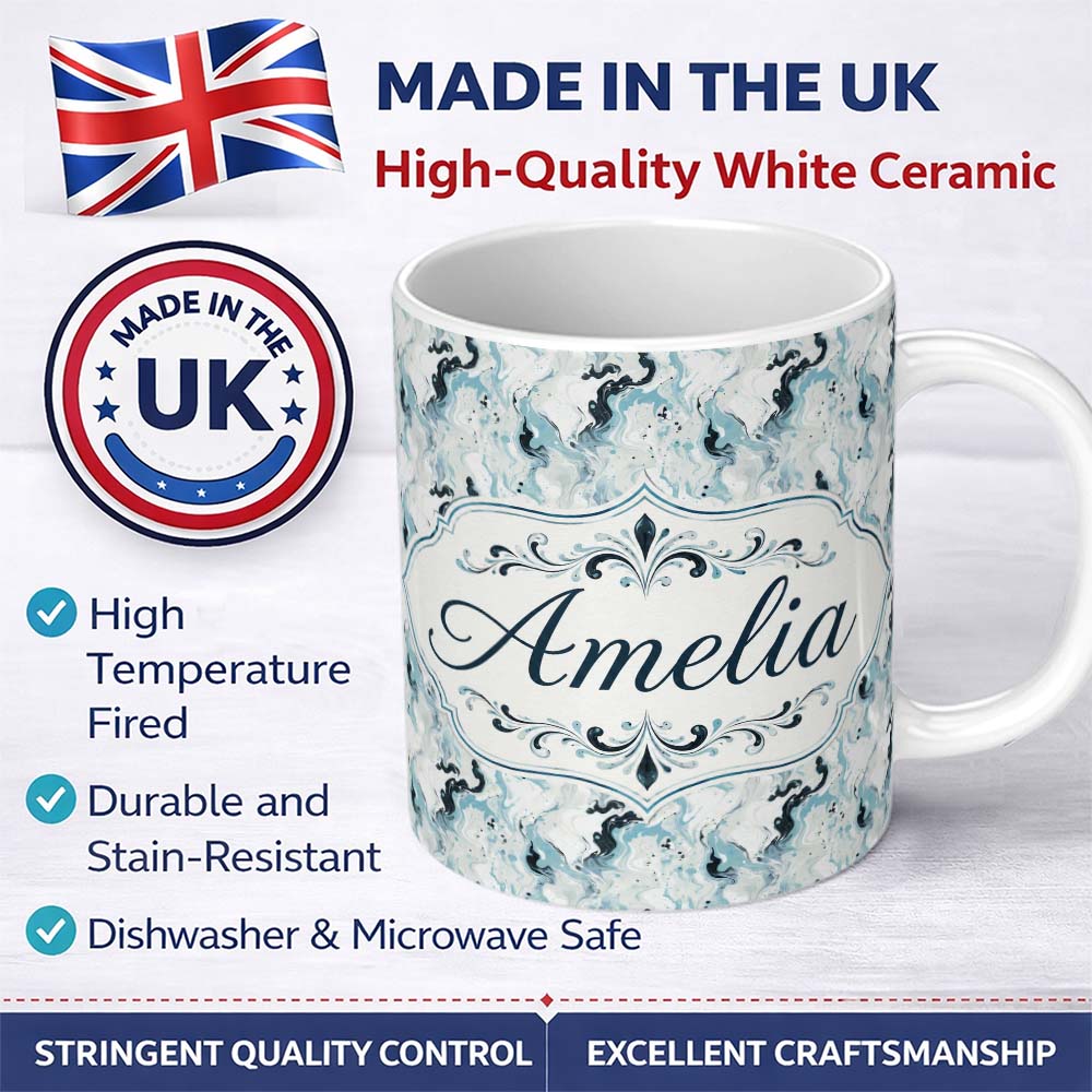 Personalized Custom Name Soft Blue Grey Ink Flow Marble Seamless Pattern Name Cute Unique 11oz Ceramic Coffee Tea Mug White Large Handle