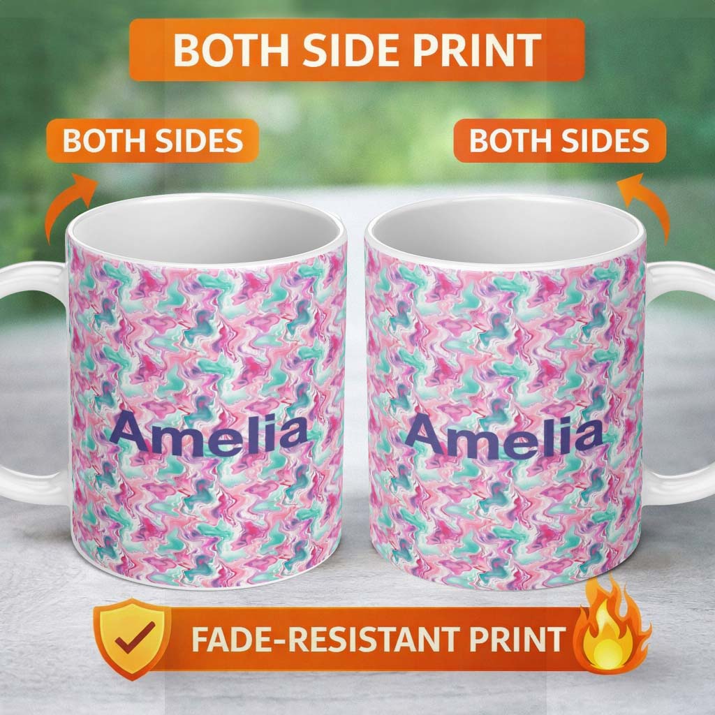Personalized Custom Name Pastel Pink Mint Fluid Marble Seamless Pattern Name Cute Unique Gift 11oz Ceramic Coffee Tea Mug White Large Handle
