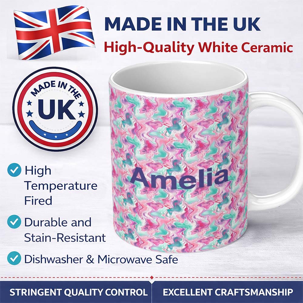 Personalized Custom Name Pastel Pink Mint Fluid Marble Seamless Pattern Name Cute Unique Gift 11oz Ceramic Coffee Tea Mug White Large Handle