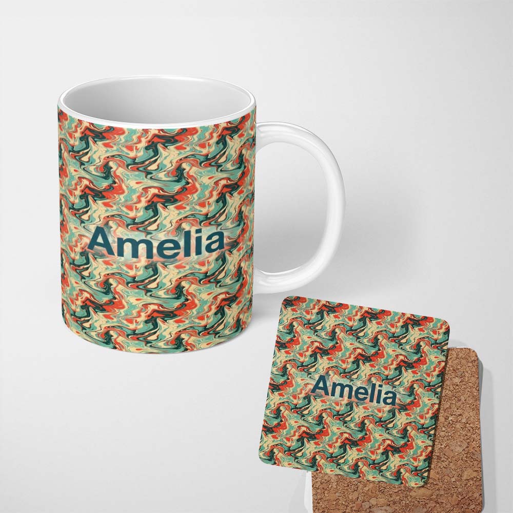 Personalized Custom Name Retro Orange Teal Swirl Marble Seamless Pattern Name Cute Unique 11oz Ceramic Coffee Tea Mug White Large Handle