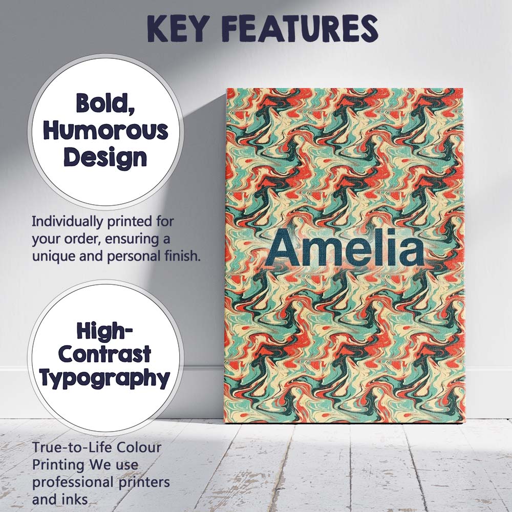 Personalised Name Retro Orange Teal Swirl Custom  Unique Gift Idea Elegant Feature Canvas Wall Art Print Decor Picture Ready to Hang
