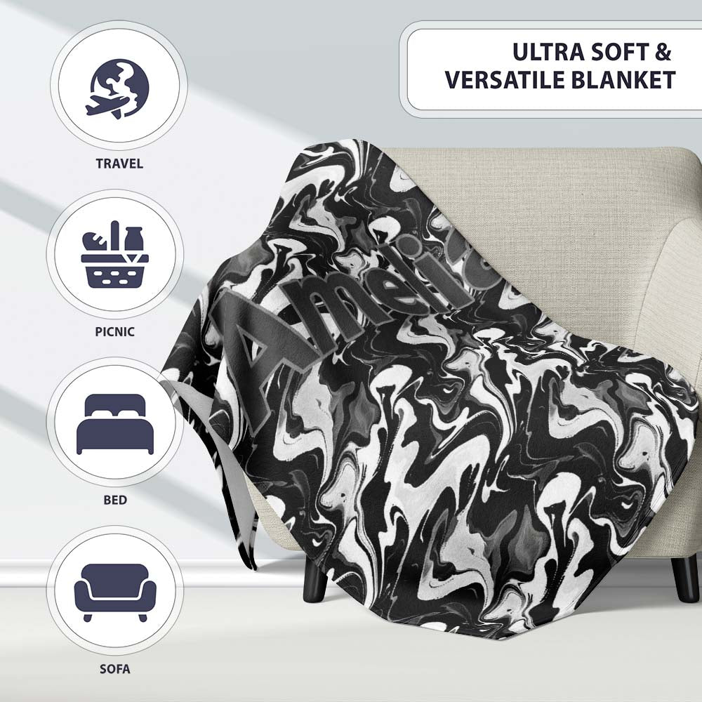 Monochrome Black White Liquid Marble Seamless Pattern Name Cute  Personalised Custom Name Super Soft Fleece Blanket Bed Sofa Throw