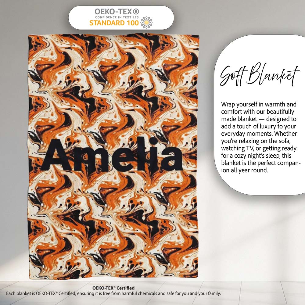 Orange Cream Black Fluid Marble Seamless Pattern Name Cute Unique  Personalised Custom Name Super Soft Fleece Blanket Bed Sofa Throw