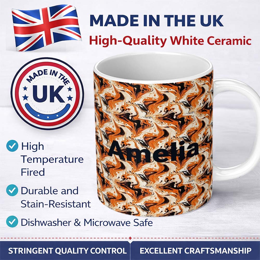Personalized Custom Name Orange Cream Black Fluid Marble Seamless Pattern Name Cute Unique 11oz Ceramic Coffee Tea Mug White Large Handle