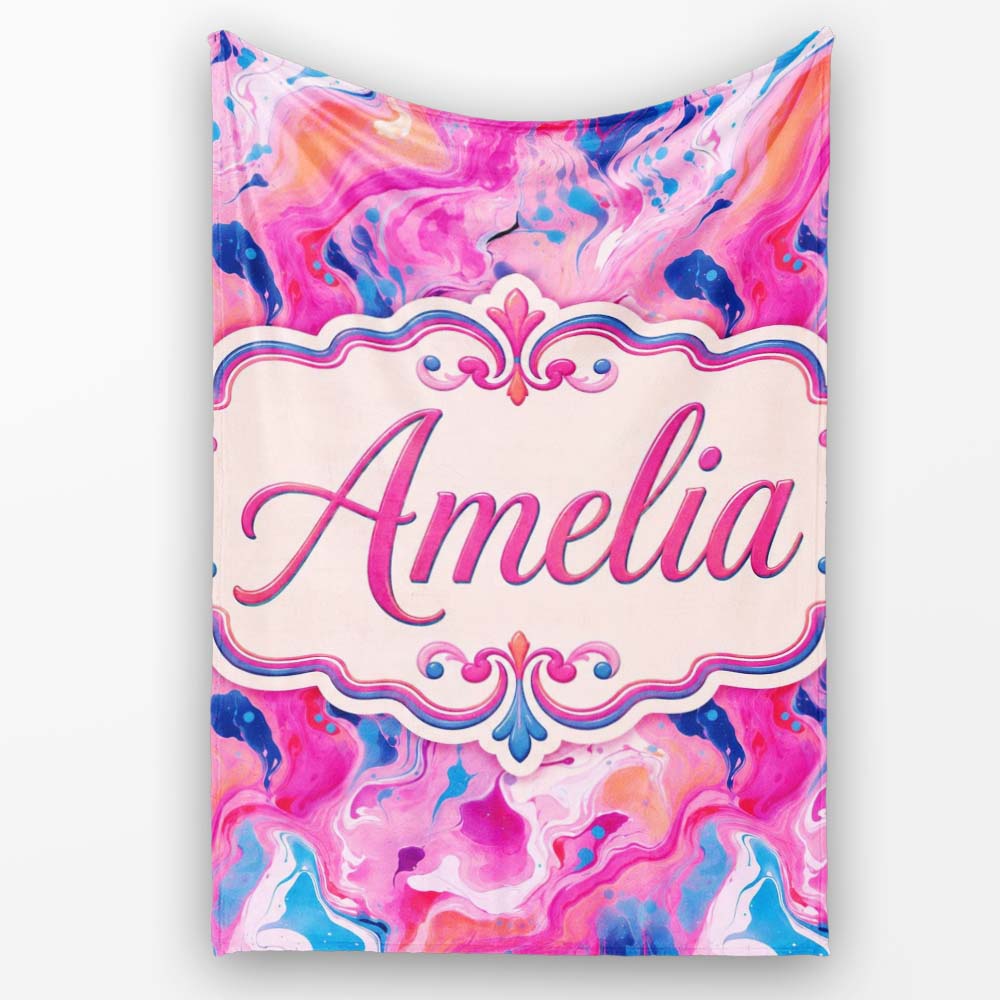 Vibrant Pink Blue Abstract Fluid Marble Seamless Pattern Name Cute  Personalised Custom Name Super Soft Fleece Blanket Bed Sofa Throw