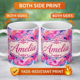 Personalized Custom Name Vibrant Pink Blue Abstract Fluid Marble Seamless Pattern Name Cute 11oz Ceramic Coffee Tea Mug White Large Handle