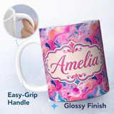 Personalized Custom Name Vibrant Pink Blue Abstract Fluid Marble Seamless Pattern Name Cute 11oz Ceramic Coffee Tea Mug White Large Handle