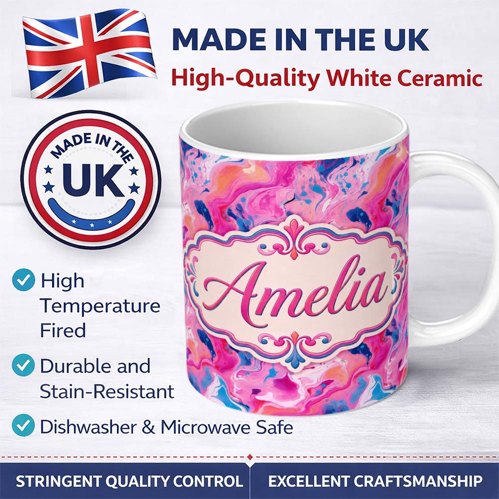 Personalized Custom Name Vibrant Pink Blue Abstract Fluid Marble Seamless Pattern Name Cute 11oz Ceramic Coffee Tea Mug White Large Handle