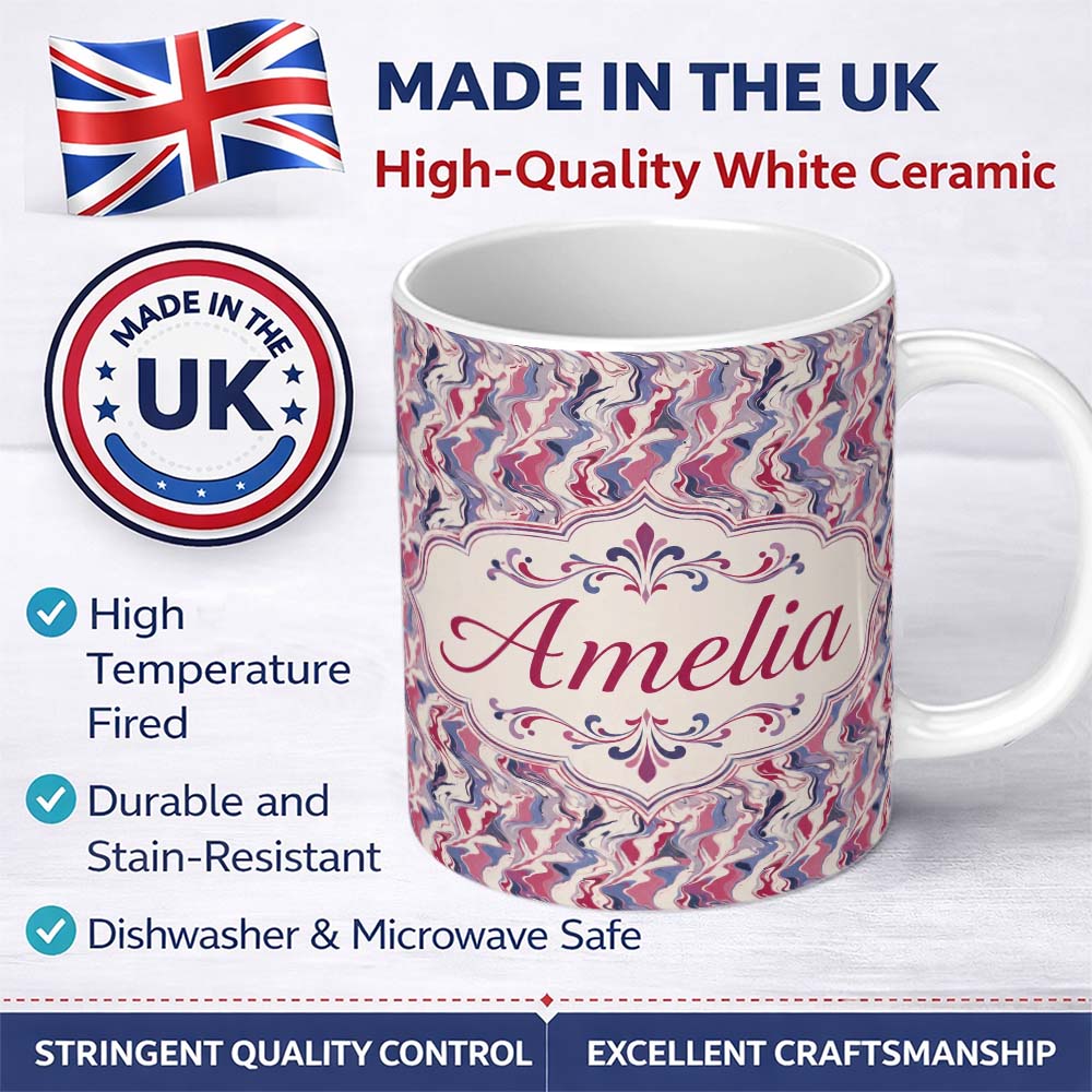 Personalized Custom Name Soft Pink Blue Abstract Fluid Marble Seamless Pattern Name Cute 11oz Ceramic Coffee Tea Mug White Large Handle