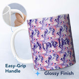 Personalized Custom Name Purple Pink Liquid Marble Swirl Seamless Pattern Name Cute Unique 11oz Ceramic Coffee Tea Mug White Large Handle