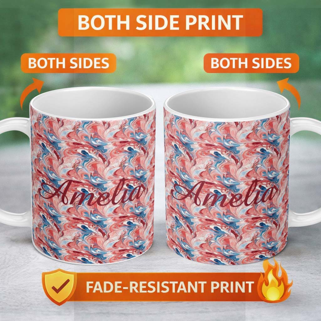 Personalized Custom Name Coral Blue Soft Fluid Marble Seamless Pattern Custom Name Cute 11oz Ceramic Coffee Tea Mug White Large Handle