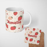 Personalized Custom Name Cute Strawberry Floral Doodle Seamless Pattern Name Unique Gift 11oz Ceramic Coffee Tea Mug White Large Handle