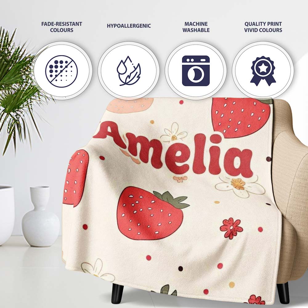 Cute Strawberry Floral Doodle Seamless Pattern Name Unique Gift  Personalised Custom Name Super Soft Fleece Blanket Bed Sofa Throw