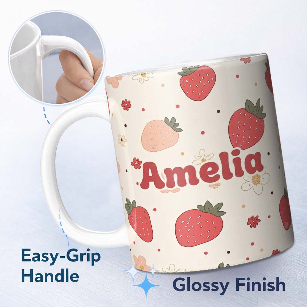 Personalized Custom Name Cute Strawberry Floral Doodle Seamless Pattern Name Unique Gift 11oz Ceramic Coffee Tea Mug White Large Handle