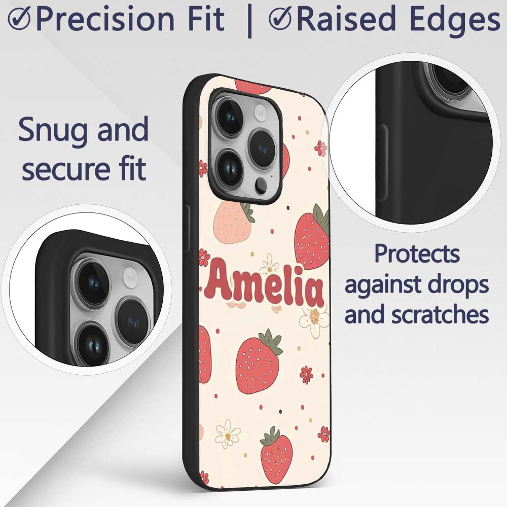 Cute Strawberry Floral Doodle Seamless Pattern Custom Name Protective Phone Case Mobile Cover Durable Everyday Smartphone Shock Resistant