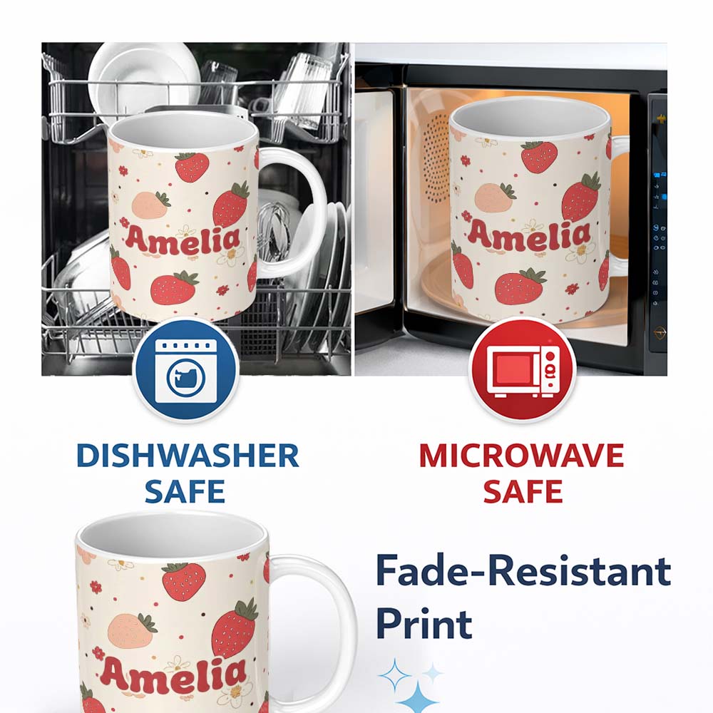 Personalized Custom Name Cute Strawberry Floral Doodle Seamless Pattern Name Unique Gift 11oz Ceramic Coffee Tea Mug White Large Handle
