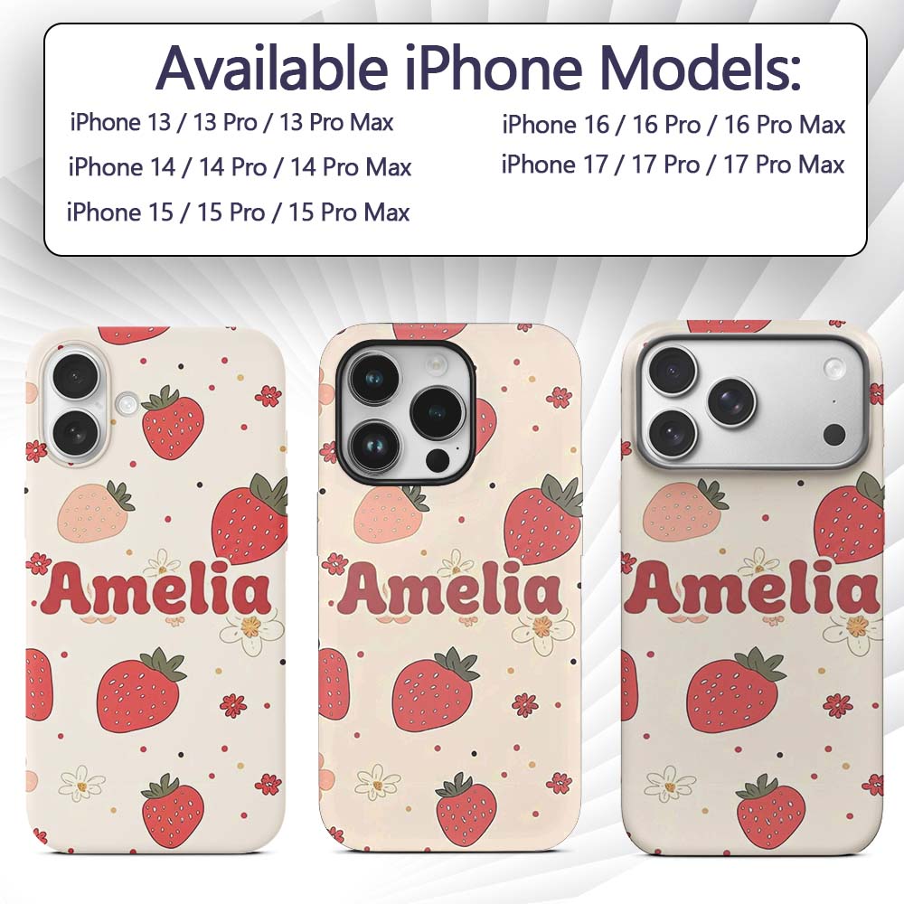 Cute Strawberry Floral Doodle Seamless Pattern Custom Name Protective Phone Case Mobile Cover Durable Everyday Smartphone Shock Resistant
