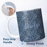 Personalized Custom Name Elegant Blue Botanical Floral Seamless Pattern Name Cute Unique Gift 11oz Ceramic Coffee Tea Mug White Large Handle